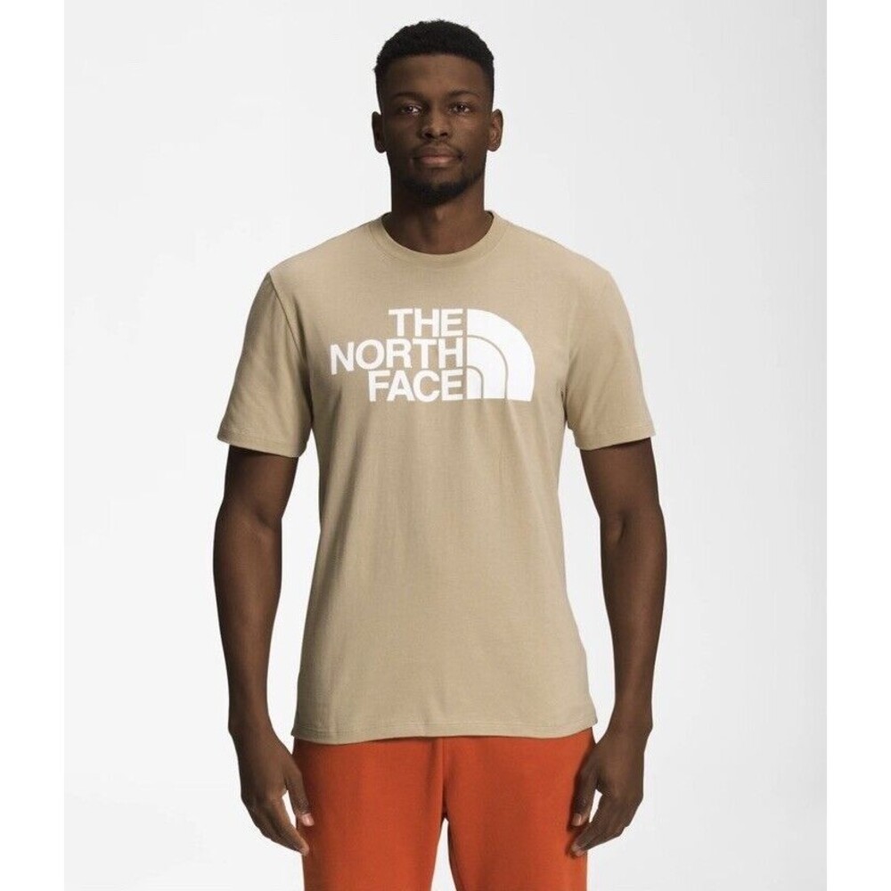 The North Face Logo Shirt Men Large Beige Short Sleeve Crew Neck Outdoors Hiking
